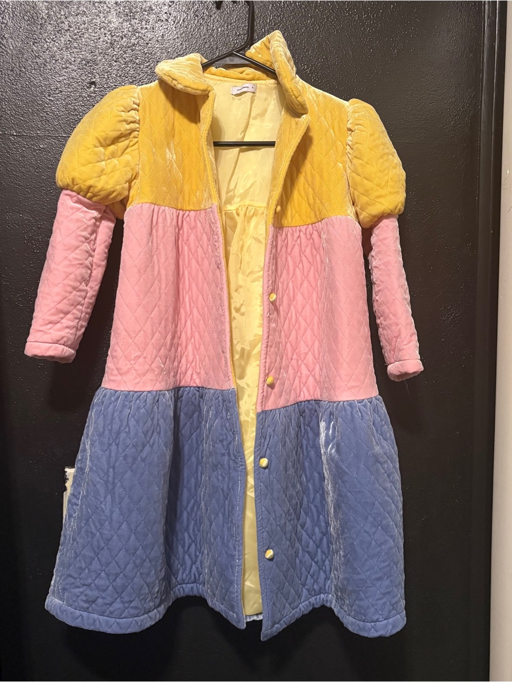 DALKOMHAI Girls Colorblock Quilted Long Coat - Yellow Pink Blue Size XL